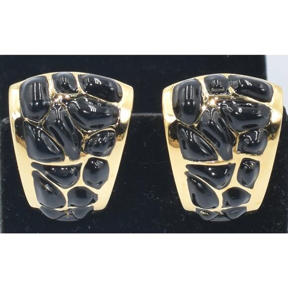 St. John Black and Gold Designer Runway Clip-On Earrings - Picture 7 of 7